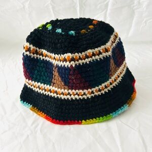 Vintage Handmade Crochet Multi-color Geometric Pattern Bucket Hat